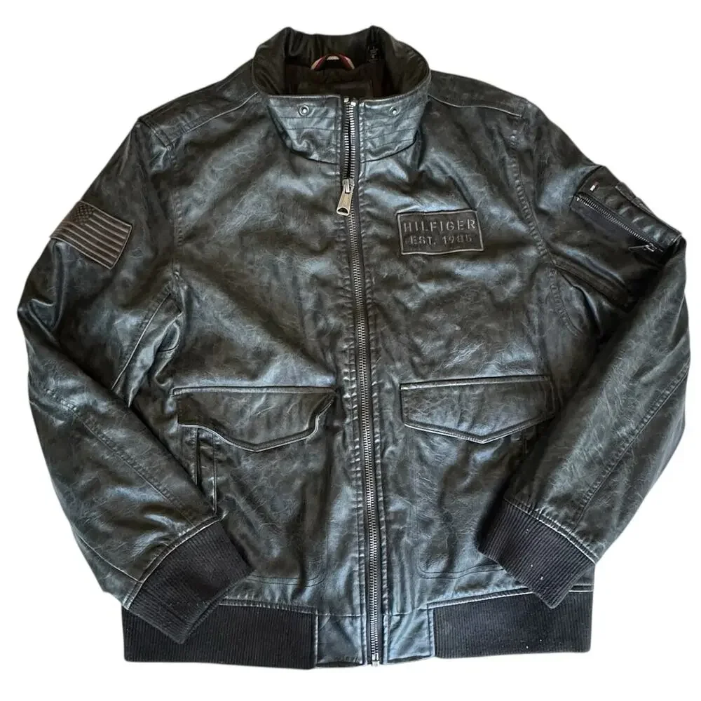 Tommy Hilfiger Mens Coat Size Large Black Faux Leather Fur Bomber Styler Y2K
